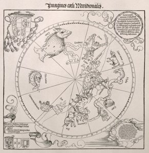 Mapa do Céu Meridional, com representações de constelações, decoradas com o brasão do cardeal Lang von Wellenburg, e uma dedicação a ele com seus brasões de armas e os direitos autorais do Império, 15